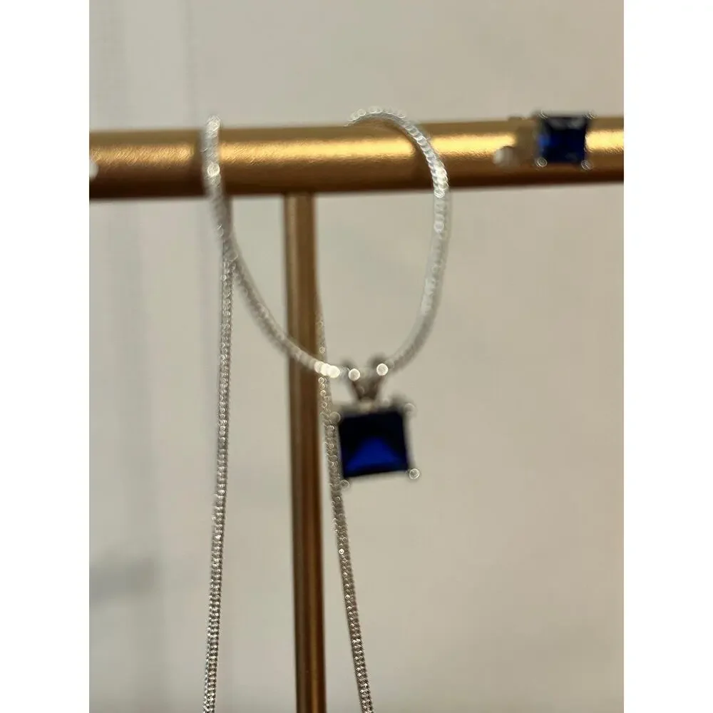 925 Sterling Silver Blue Sapphire CZ Necklace Earring Set 20